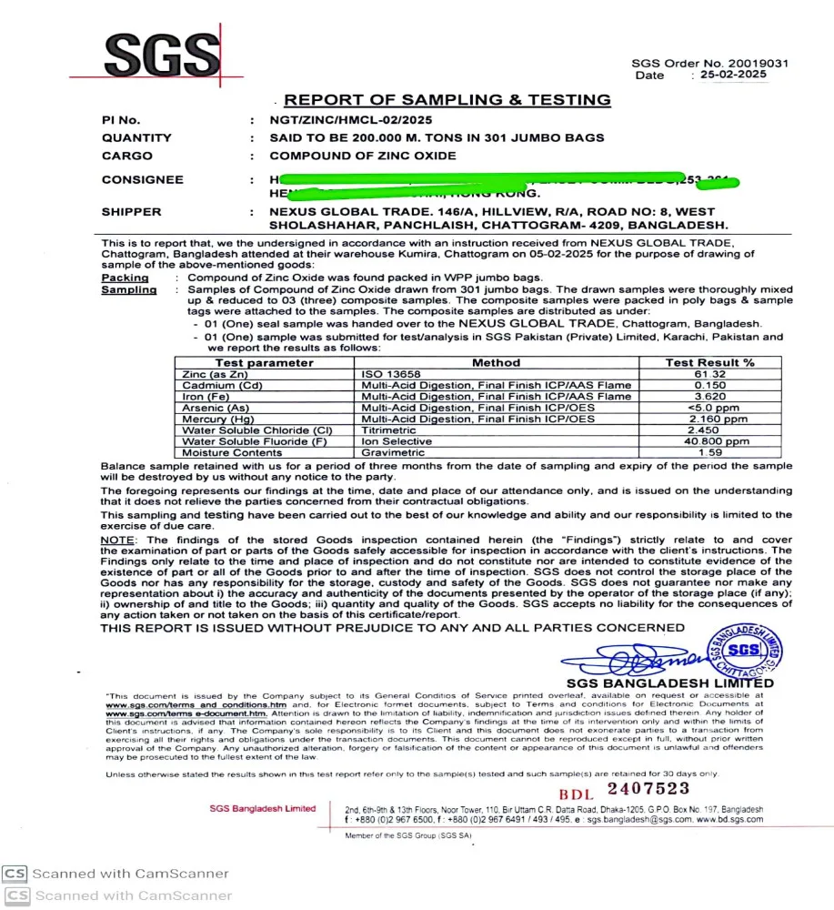 TEST REPORT ZINC 61%